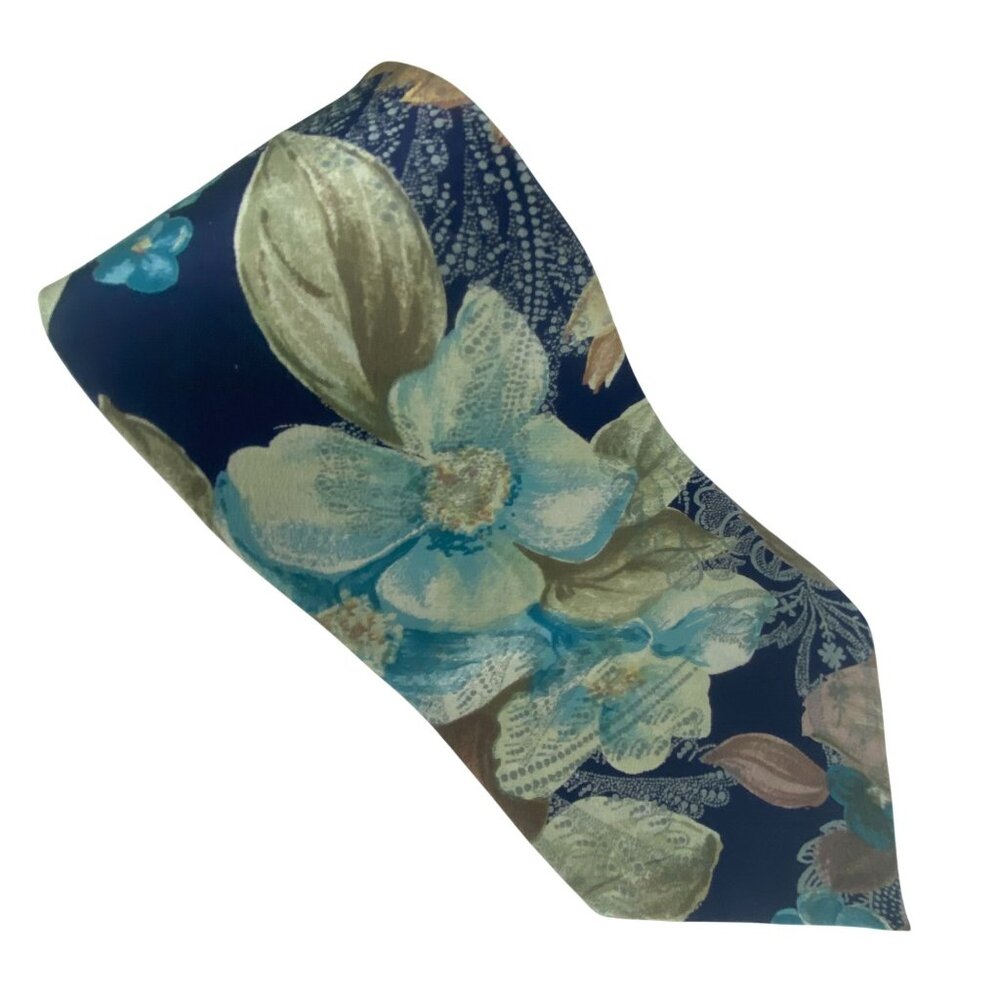 JT Beckett Silk Floral Tie Navy Blue With Green‎ & Brown Accents 59" x 4"